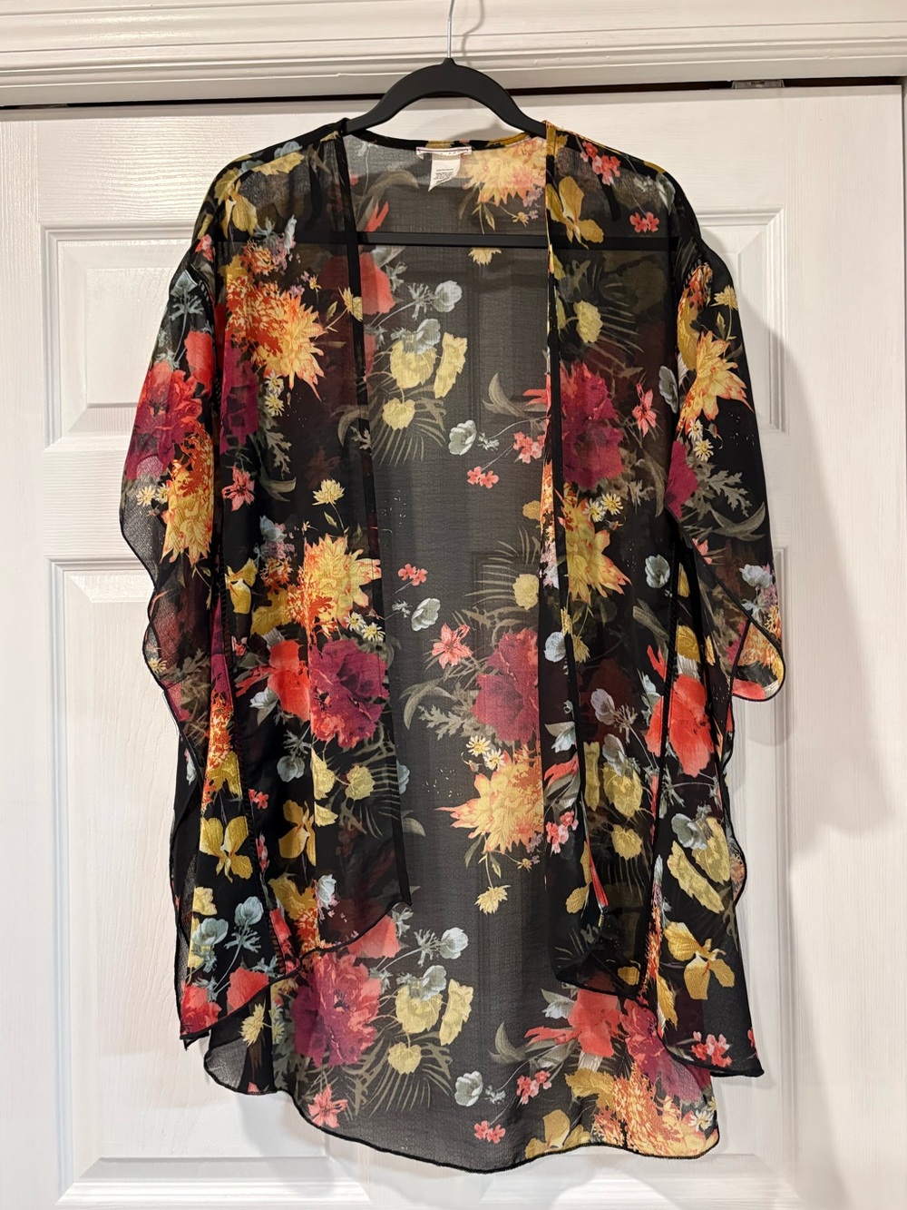 emory park Black Sheer Floral Kimono with Red Pink and Yellow Blooms